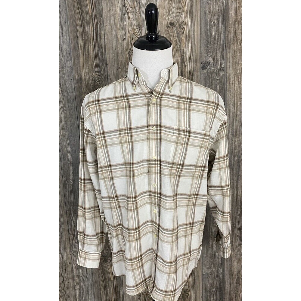Jos. A. Bank Mens M Traveler's Collection Linen Shirt Beige Plaid Coastal Preppy